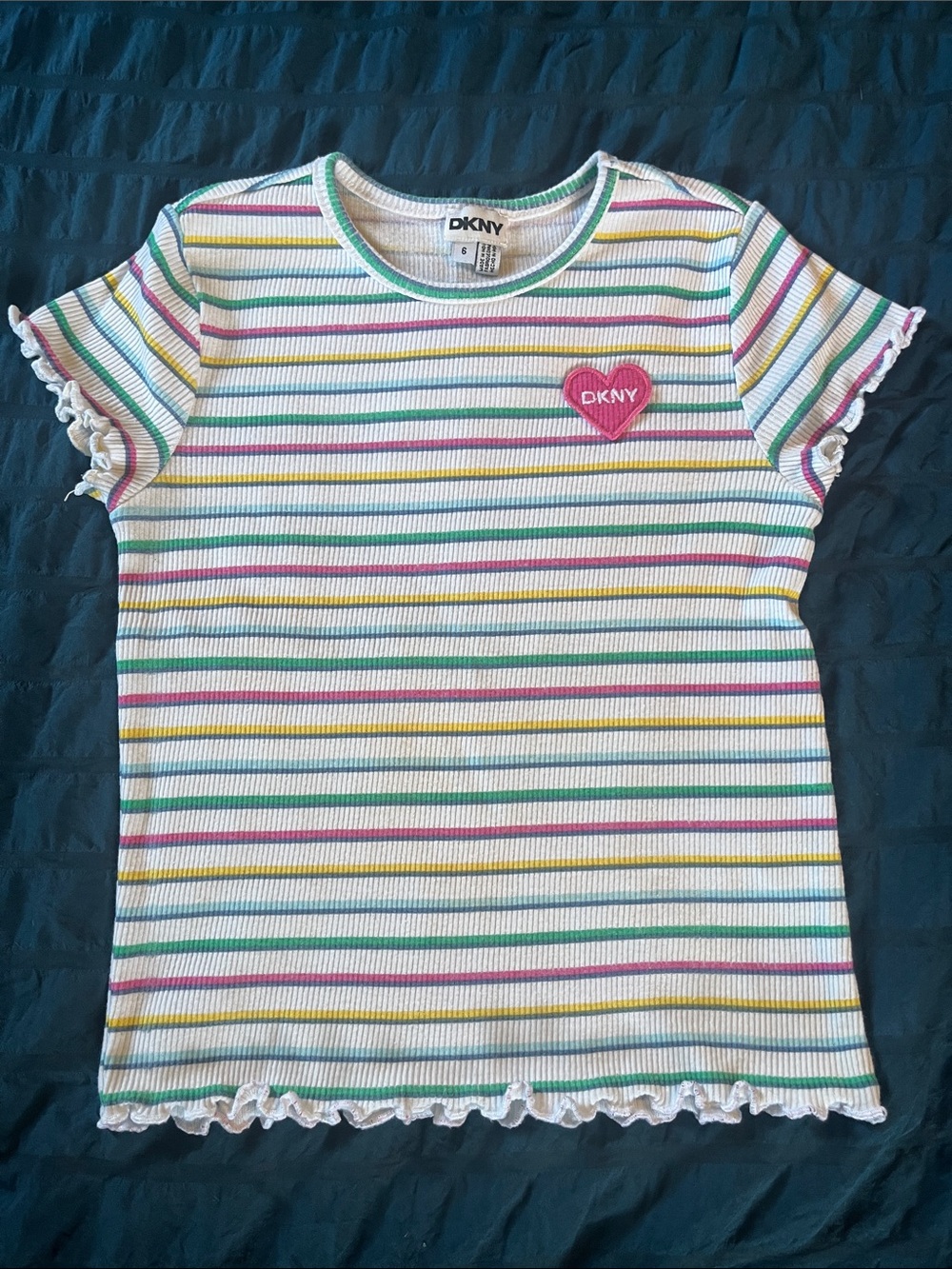 DKNY White Multi-Striped Tee with Pink Heart Patch
